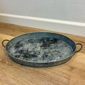 Vintage Large Galvanized Metal Oval Tray w/ Iron Handles Farmhouse Decor 19”
